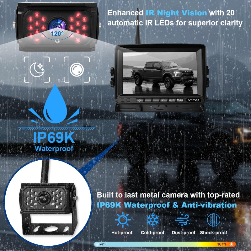 VTimes Wireless Backup Camera for Trucks, RV Backup Camera Wireless with 7" HD Monitor, 4 Channels Split Screen, BSD Alert, 984ft Signal Range, IP69K Waterproof IR Night Vision Wide Angle, DIY Guide Lines - Image 4