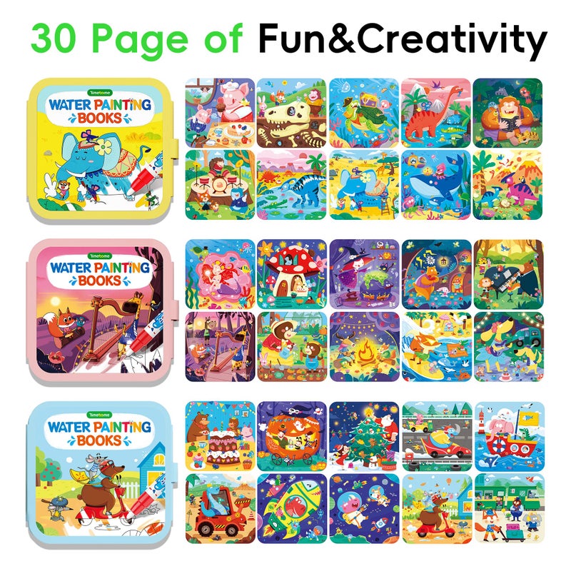 Timetome Reusable Water Painting Books for Kids â€“ 3-Pack Magic Water Reveal Coloring Books with Water Pens (Fairy Tale, Animal & Dinosaur) No-Mess Coloring & Reusable Fun Travel Activity for Ages 3â€“6 - Image 3