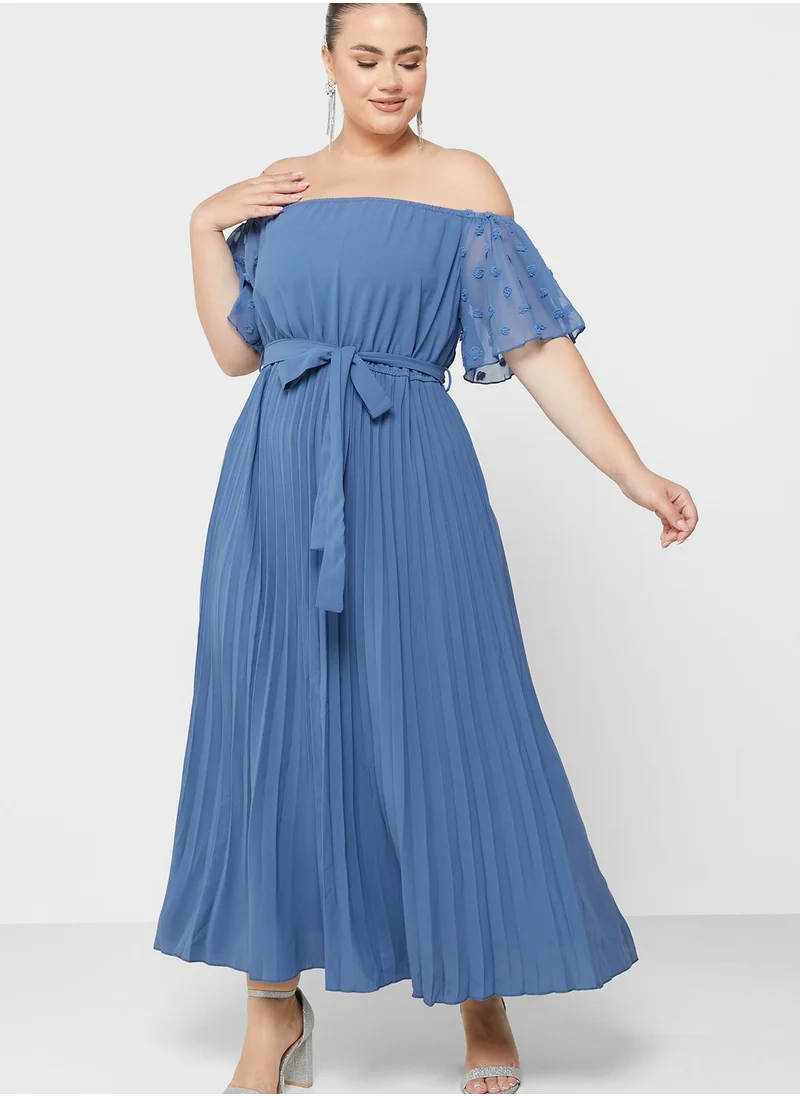 Ella Plus Off Shoulder Belted Pleat Detail Dress