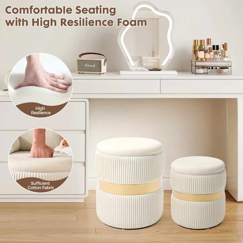 2BYF Round Ottoman with Storage Set of 2 Upholstered Velvet Vanity Stool for Living Room Storage Ottomans Multifunctional Foot Rest (White with Middle Gold) - Image 2