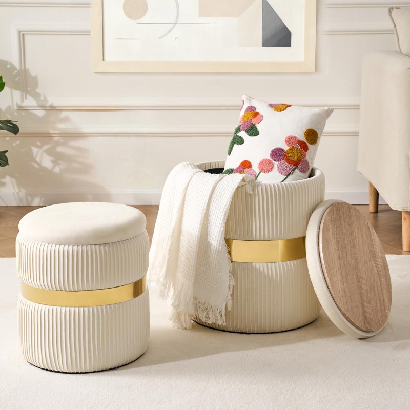 2BYF Round Ottoman with Storage Set of 2 Upholstered Velvet Vanity Stool for Living Room Storage Ottomans Multifunctional Foot Rest (White with Middle Gold) - Image 1