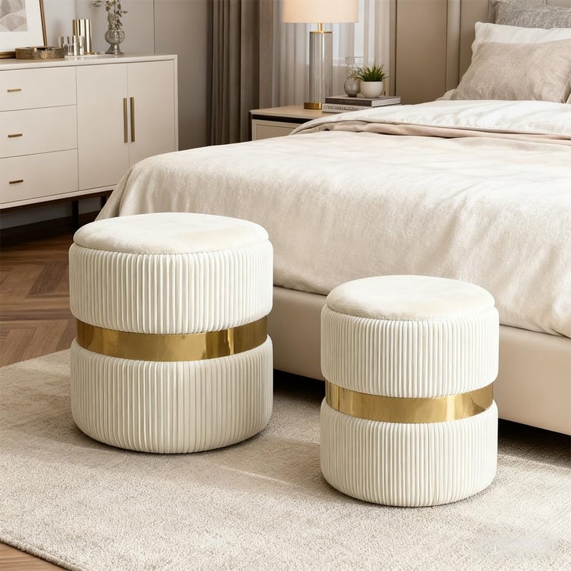 2BYF Round Ottoman with Storage Set of 2 Upholstered Velvet Vanity Stool for Living Room Storage Ottomans Multifunctional Foot Rest (White with Middle Gold) - Image 5