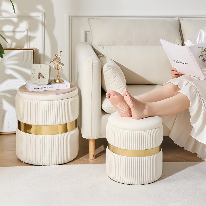2BYF Round Ottoman with Storage Set of 2 Upholstered Velvet Vanity Stool for Living Room Storage Ottomans Multifunctional Foot Rest (White with Middle Gold) - Image 3