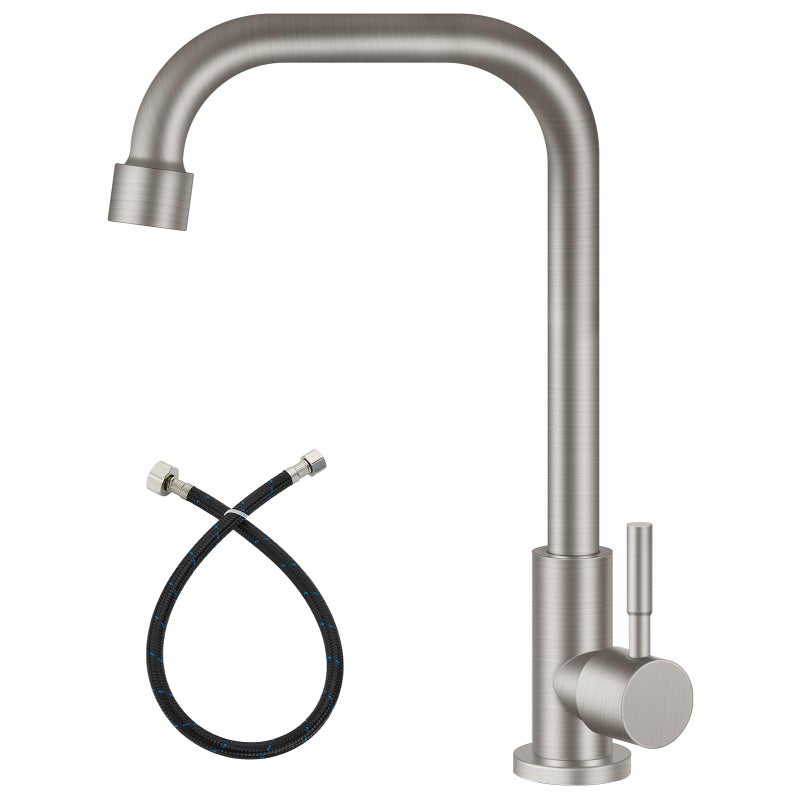 Heyalan Cold Only Water Kitchen Faucet Brushed Nickel Single Lever Handle 304 Stainless Steel Commercial Bar Tap Decked Mounted 360 Degree Swivel Spout Longer Thread Pipe