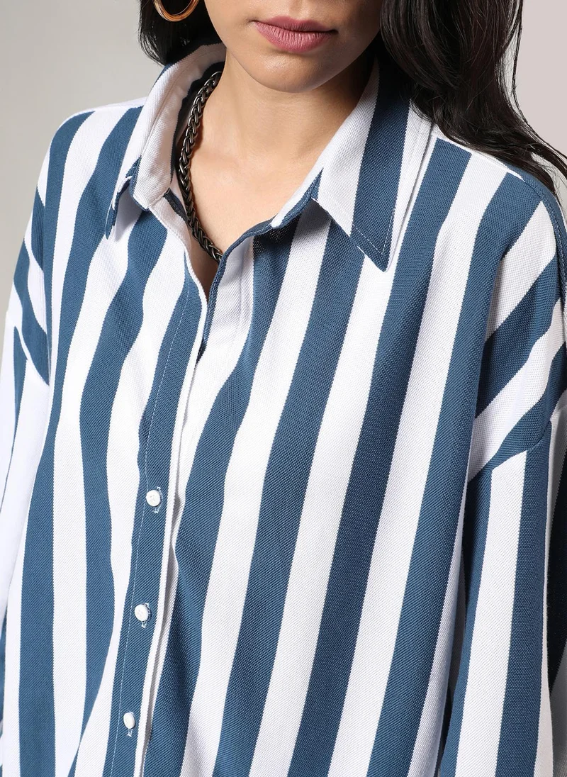 PINACOLADA Women's Aegean Blue & Chalk White Candy Striped Boyfriend Shirt For Casual Wear | Spread Collar | Long Sleeve | Button Closure | Shirt Crafted With Comfort Fit For Everyday Wear