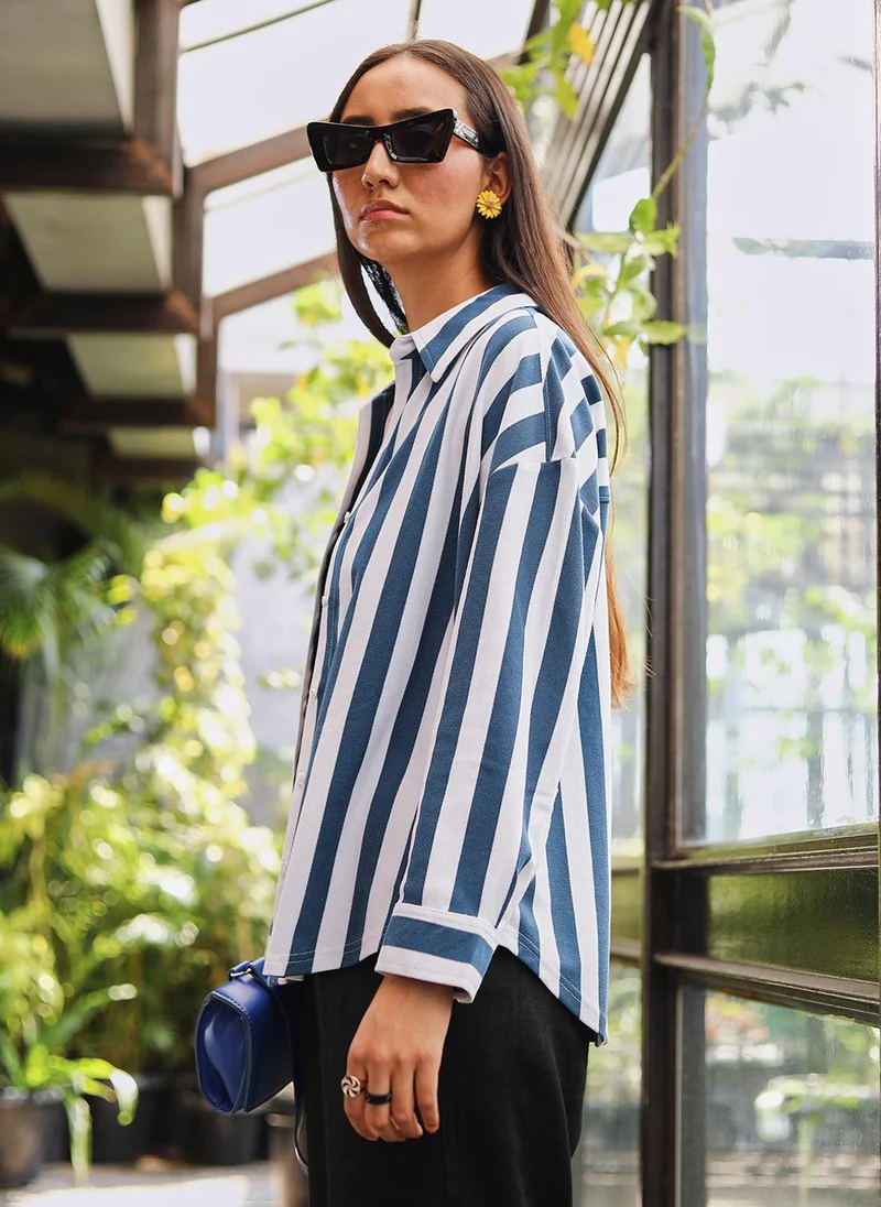 PINACOLADA Women's Aegean Blue & Chalk White Candy Striped Boyfriend Shirt For Casual Wear | Spread Collar | Long Sleeve | Button Closure | Shirt Crafted With Comfort Fit For Everyday Wear