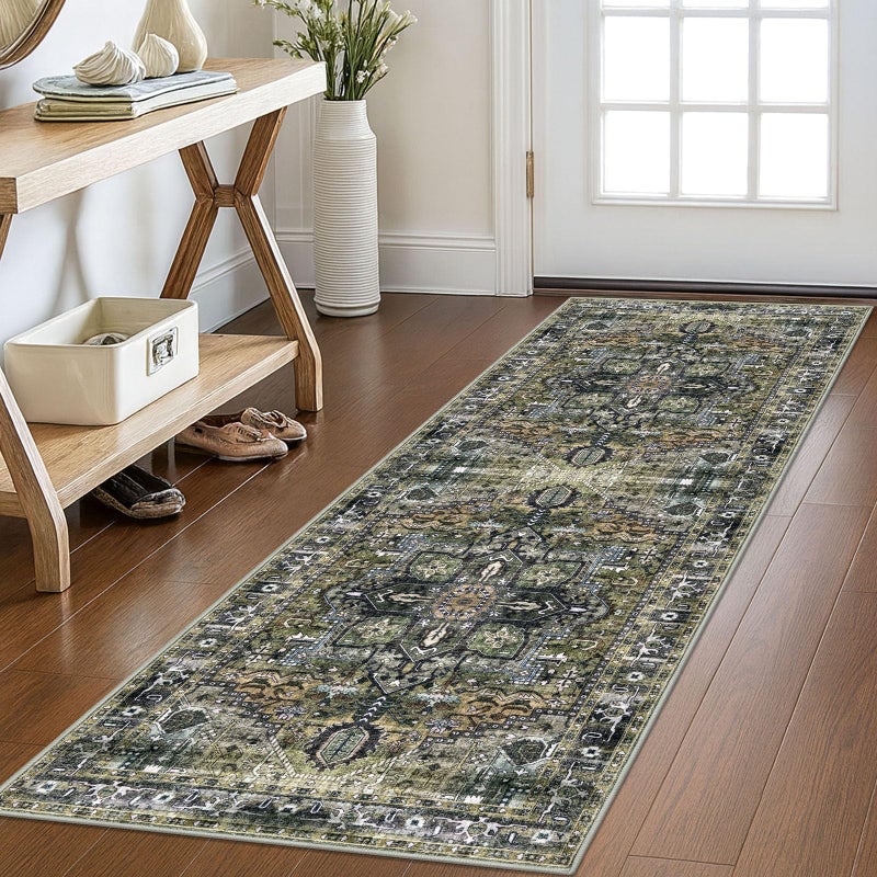 KOZYFLY Runners for Hallways 2x6 Ft Washable Kitchen Runner Rug Boho Runner Rug for Entryway Indoor Printed Oriental Faux Wool Floor Carpet Runner for Bedroom Kitchen Hall, Charcoal/Green/Olive - Image 1