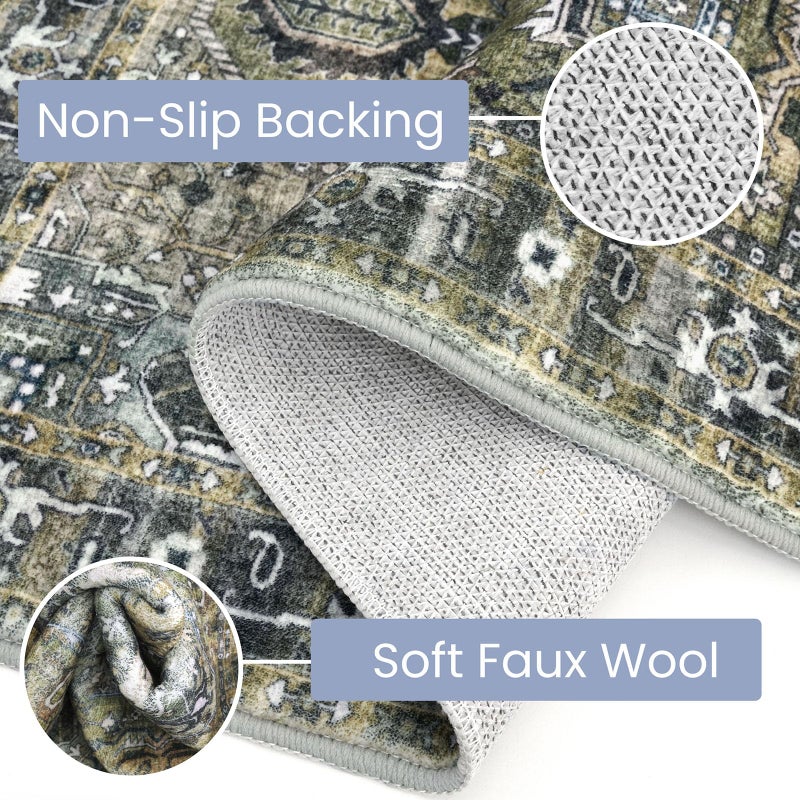 KOZYFLY Runners for Hallways 2x6 Ft Washable Kitchen Runner Rug Boho Runner Rug for Entryway Indoor Printed Oriental Faux Wool Floor Carpet Runner for Bedroom Kitchen Hall, Charcoal/Green/Olive - Image 4