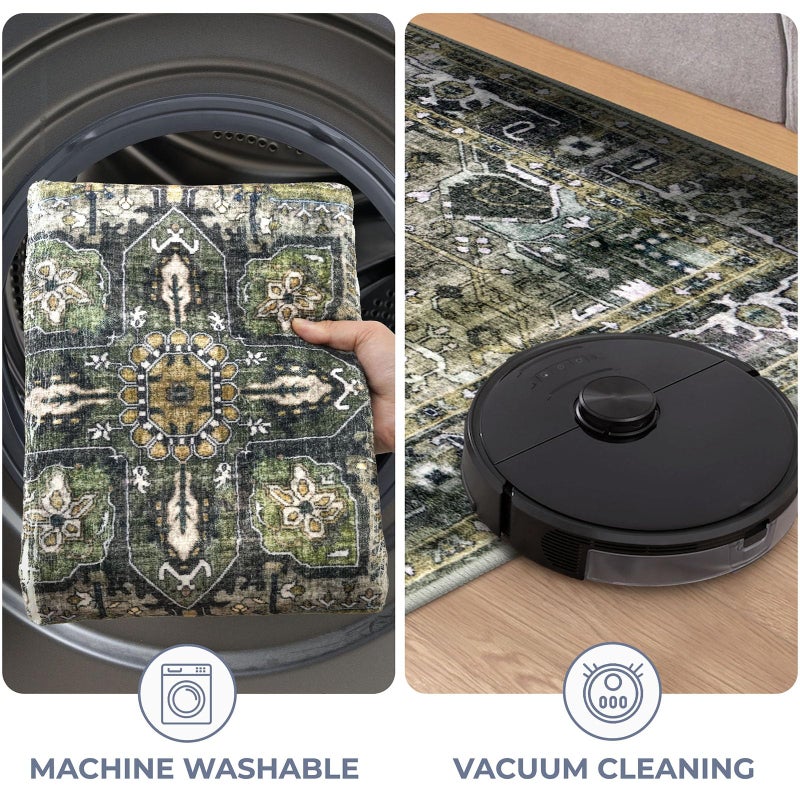 KOZYFLY Runners for Hallways 2x6 Ft Washable Kitchen Runner Rug Boho Runner Rug for Entryway Indoor Printed Oriental Faux Wool Floor Carpet Runner for Bedroom Kitchen Hall, Charcoal/Green/Olive - Image 5