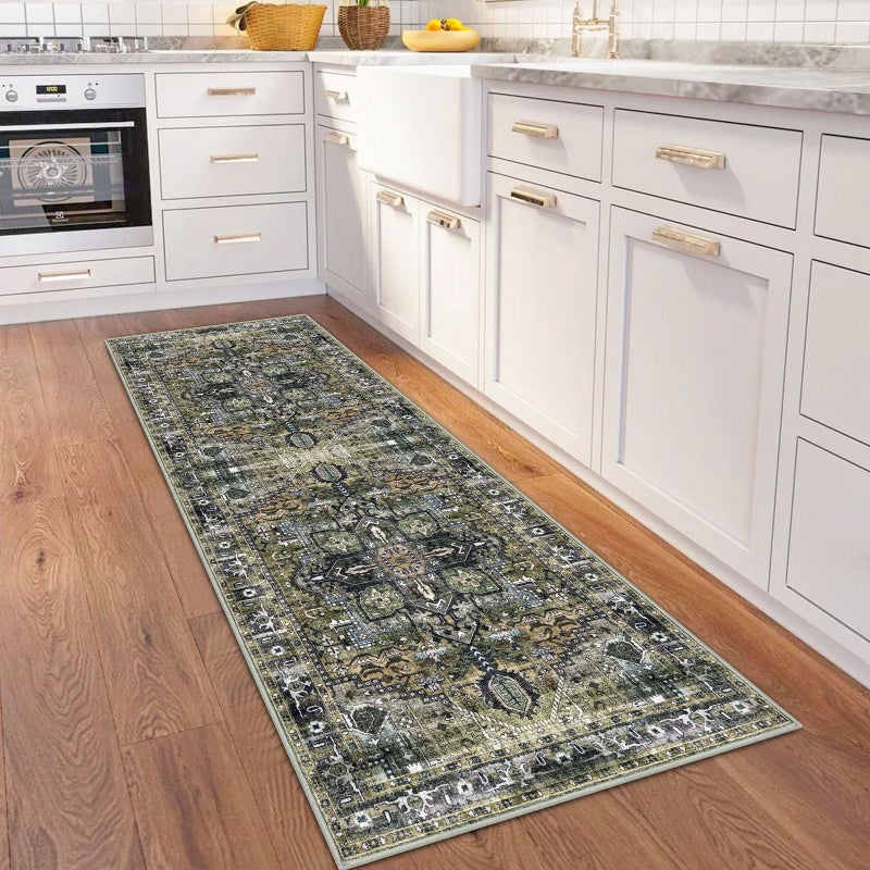 KOZYFLY Runners for Hallways 2x6 Ft Washable Kitchen Runner Rug Boho Runner Rug for Entryway Indoor Printed Oriental Faux Wool Floor Carpet Runner for Bedroom Kitchen Hall, Charcoal/Green/Olive - Image 2
