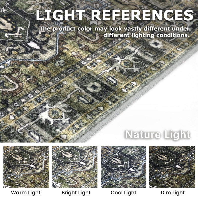 KOZYFLY Runners for Hallways 2x6 Ft Washable Kitchen Runner Rug Boho Runner Rug for Entryway Indoor Printed Oriental Faux Wool Floor Carpet Runner for Bedroom Kitchen Hall, Charcoal/Green/Olive - Image 3