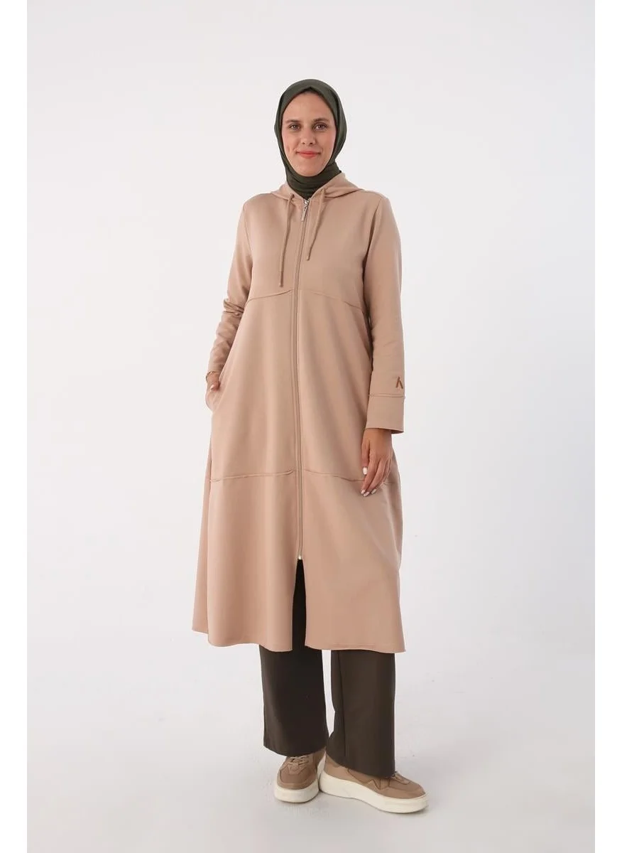 Allday Beige-Hooded Zippered Cardigan