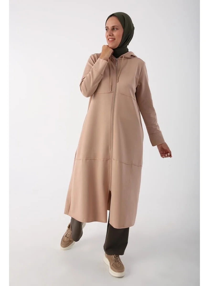 Allday Beige-Hooded Zippered Cardigan