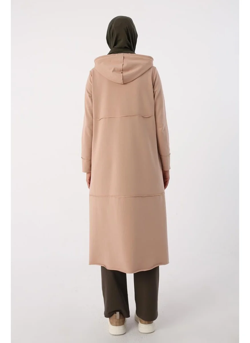 Allday Beige-Hooded Zippered Cardigan