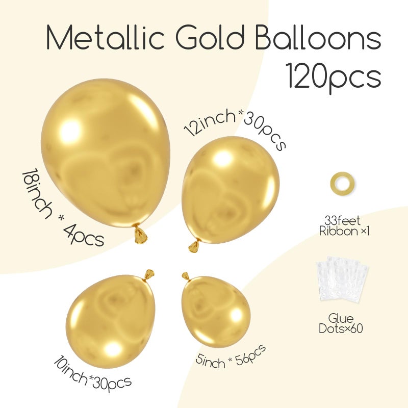Awenztech 120pcs Metallic Gold Balloon Arch Kit, 18 12 10 5 inch Chrome Gold Latex Balloons Different Sizes Metallic Gold Balloon Garland for Graduation Engagement Wedding Birthday Party Decorations - Image 2