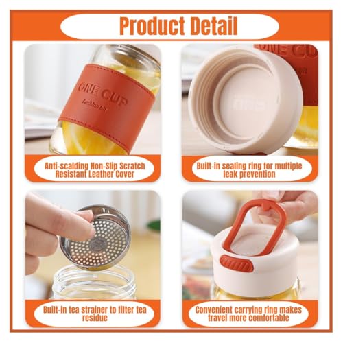 Wosta Leak-Proof Glass Coffee Mug with Lid, 550 Ml Reusable Coffee Cup with Stainless Steel Filter, Travel Tea and Fruit Infuser with Handle, BPA-Free, Microwave and Dishwasher Safe. - Image 4