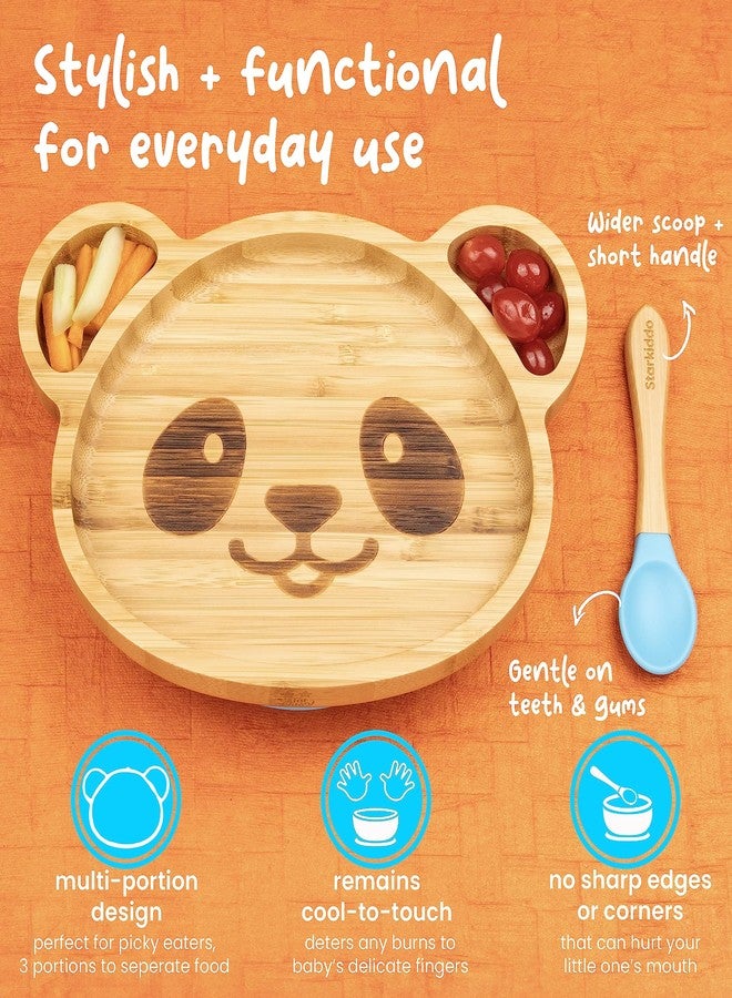 StarKiddo® Adorable Panda Bamboo Plates for Baby and Toddler | 3 Sections | Weaning Spoon | Non-Toxic | Strong Suction | Cool to The Touch | Ideal for Baby-Led Weaning (Blue) - Image 5