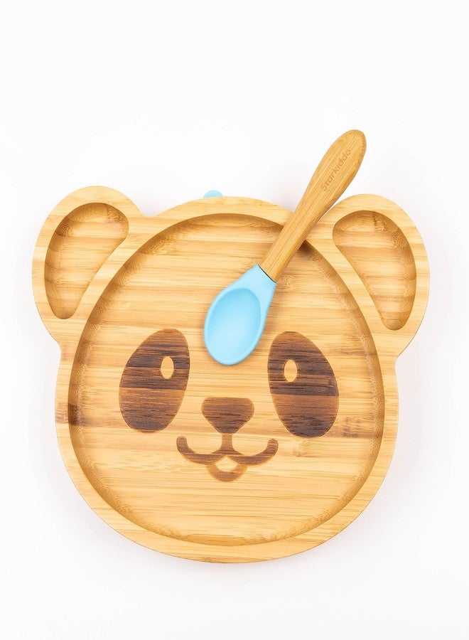 StarKiddo® Adorable Panda Bamboo Plates for Baby and Toddler | 3 Sections | Weaning Spoon | Non-Toxic | Strong Suction | Cool to The Touch | Ideal for Baby-Led Weaning (Blue) - Image 1
