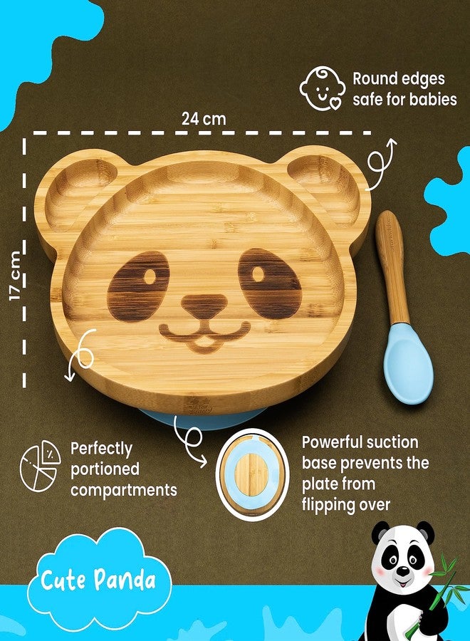 StarKiddo® Adorable Panda Bamboo Plates for Baby and Toddler | 3 Sections | Weaning Spoon | Non-Toxic | Strong Suction | Cool to The Touch | Ideal for Baby-Led Weaning (Blue) - Image 2
