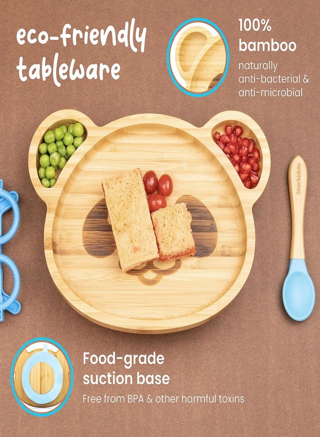 StarKiddo® Adorable Panda Bamboo Plates for Baby and Toddler | 3 Sections | Weaning Spoon | Non-Toxic | Strong Suction | Cool to The Touch | Ideal for Baby-Led Weaning (Blue) - Image 4