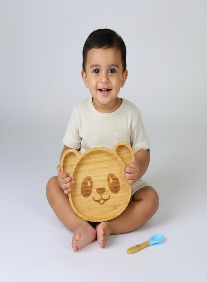 StarKiddo® Adorable Panda Bamboo Plates for Baby and Toddler | 3 Sections | Weaning Spoon | Non-Toxic | Strong Suction | Cool to The Touch | Ideal for Baby-Led Weaning (Blue) - Image 3