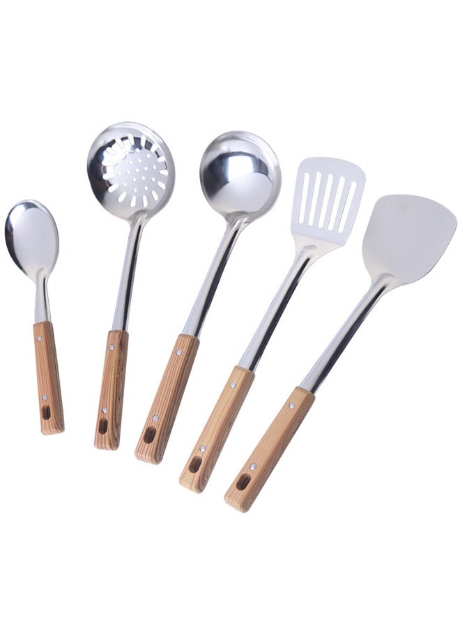 هومستر 5 قطعة من الفولاذ المقاوم للصدأ ووك أدوات سبوتلا أدوات مجموعة -سبوتلا، سلسلة، سكيمر سلسلة أدوات مجموعة، مرآة مصقولة أدوات الطبخ مع مقبض خشبي، سهلة تنظيف ووك اكسسوارات - Image 4