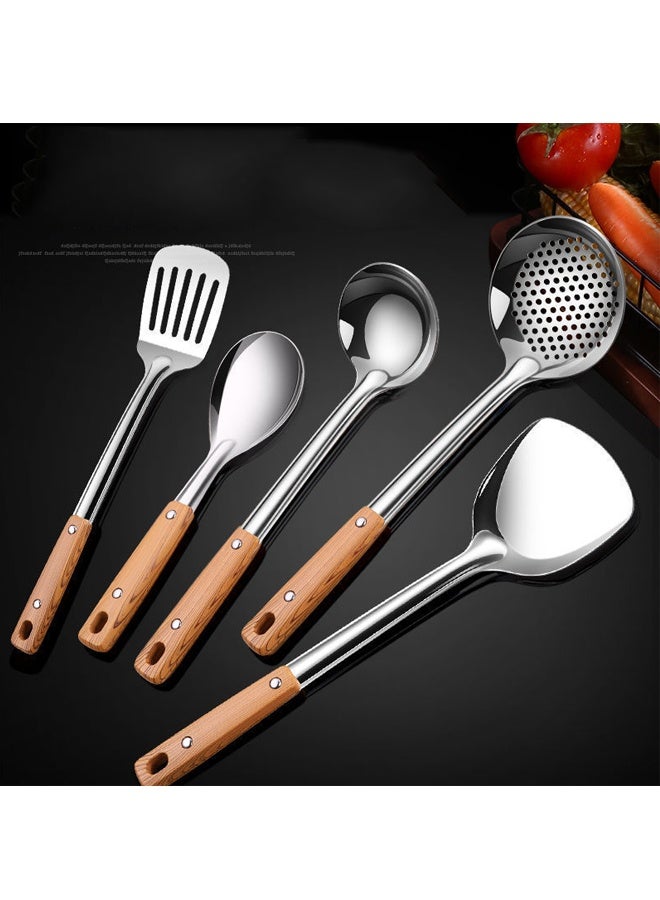 هومستر 5 قطعة من الفولاذ المقاوم للصدأ ووك أدوات سبوتلا أدوات مجموعة -سبوتلا، سلسلة، سكيمر سلسلة أدوات مجموعة، مرآة مصقولة أدوات الطبخ مع مقبض خشبي، سهلة تنظيف ووك اكسسوارات - Image 3