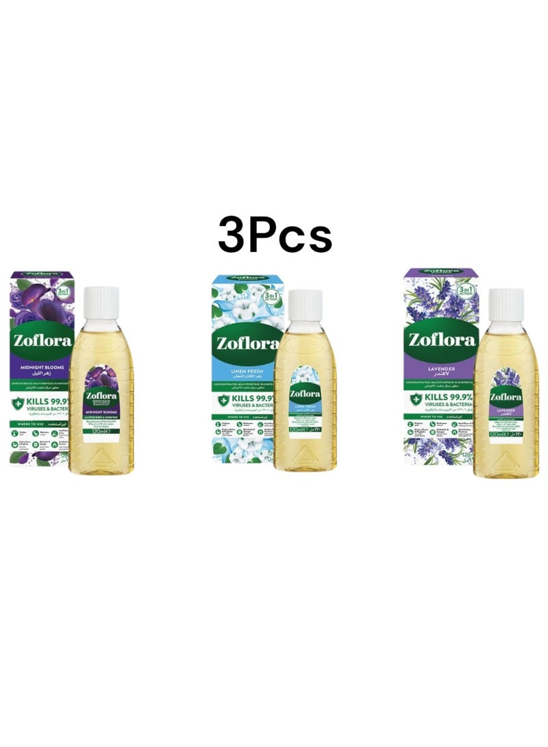 زوفلورا مطهر مركز متعدد الأغراض 120مل * 3 عبوات برائحة زهرة الكتان ، زهر الليل ، اللافندر