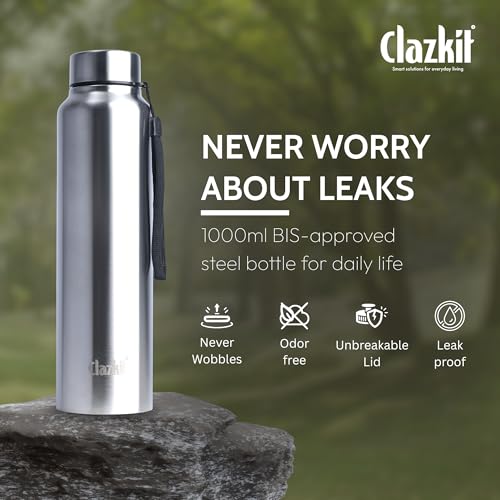 Clazkit Amaze Pro Classic 1000ml Sporty Stainless Steel Water Bottle|ISI Certified| SLeakproof, Rust-Free, BPA-Free, Durable for College, Fridge, Sports, Gym, Yoga & Office – Easy to Clean & Reusable - Image 3