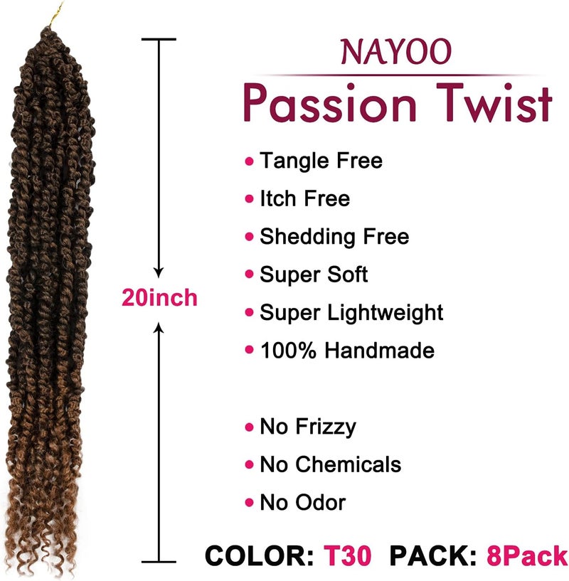 NAYOO Passion Twist Hair - 8 Packs 20 Inch Passion Twist Crochet Hair For Women, Crochet Pretwisted Curly Hair Passion Twists Synthetic Braiding Hair Extensions (20 Inch 8 Packs, T30) - Image 2