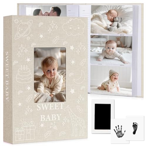 EARLY MINDS Baby Photo Album 4x6 300 Pockets with Memo Area & Hand and Footprint Kit, Linen Cover Slip-in Memory Book with Front Window, Acid-Free Keepsake for Newborn Boy Girl, First Year Moments - Image 1