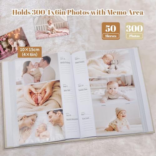 EARLY MINDS Baby Photo Album 4x6 300 Pockets with Memo Area & Hand and Footprint Kit, Linen Cover Slip-in Memory Book with Front Window, Acid-Free Keepsake for Newborn Boy Girl, First Year Moments - Image 3