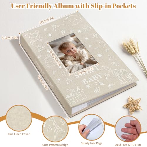 EARLY MINDS Baby Photo Album 4x6 300 Pockets with Memo Area & Hand and Footprint Kit, Linen Cover Slip-in Memory Book with Front Window, Acid-Free Keepsake for Newborn Boy Girl, First Year Moments - Image 4