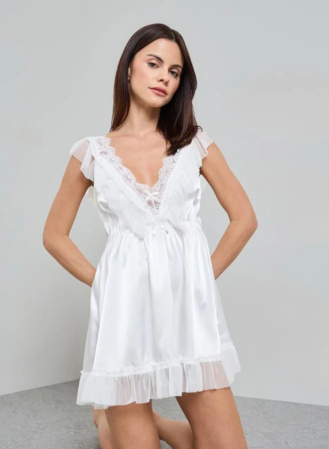 Take Two White Lace Trims Ruched Details Satin Babydoll Slip