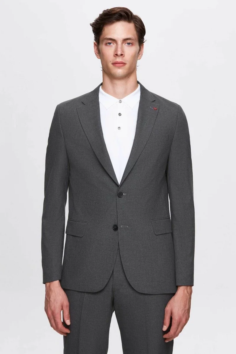 D'S DAMAT Slim Fit Gray Plain Mono Collar Double Slit Lined Suit 4HF05ORT01577