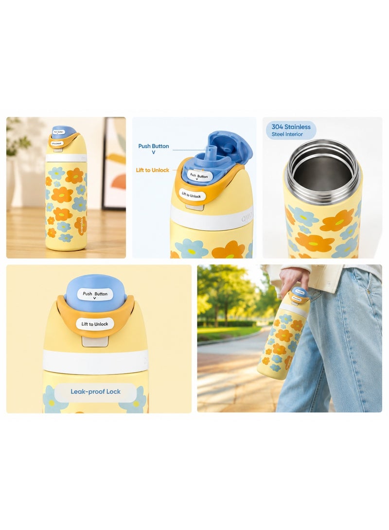 16oz Kids FreeSip Insulated Stainless Steel Water Bottle – Push Button Flip Lid with Lift-to-Unlock Safety Lock BPA Free - Image 2