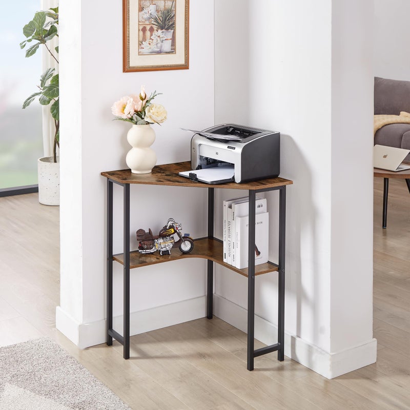 VECELO Small Corner Computer Desk 33 x 23 inches with Storage Shelves for Small Spaces,Triangular Shape,Brown - Image 3
