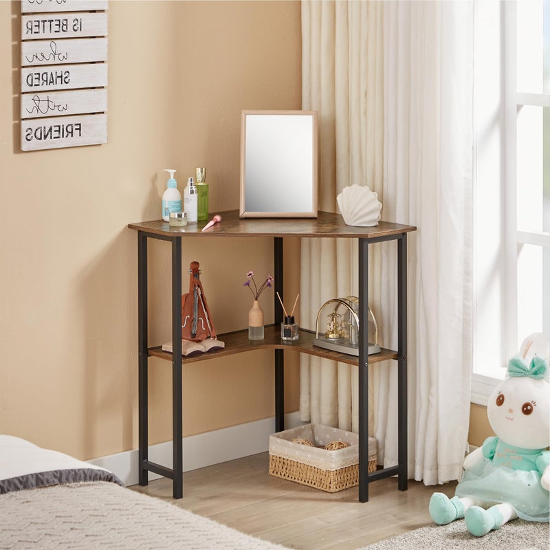 VECELO Small Corner Computer Desk 33 x 23 inches with Storage Shelves for Small Spaces,Triangular Shape,Brown - Image 2