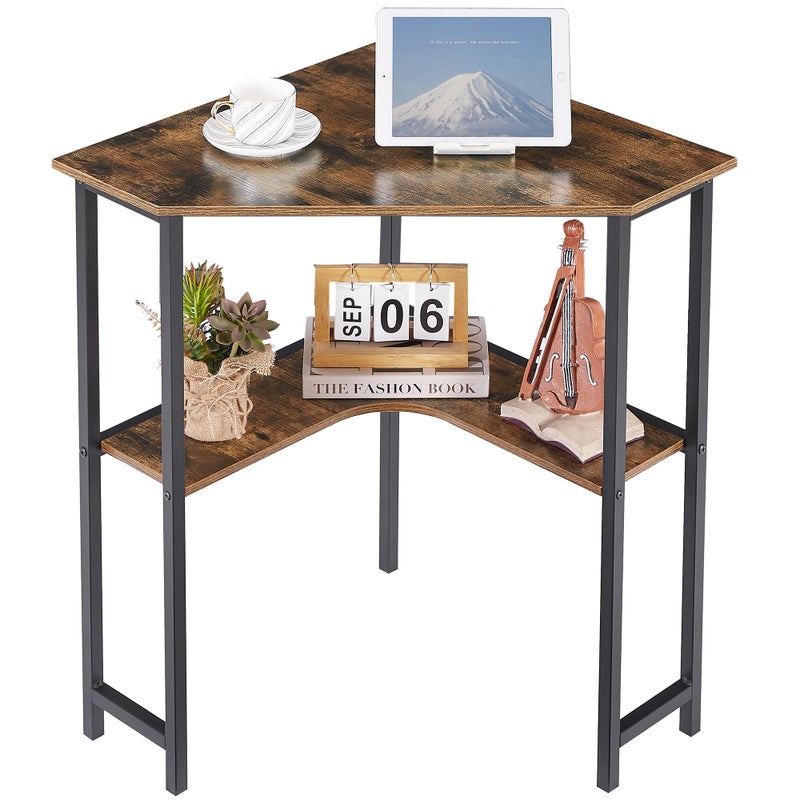 VECELO Small Corner Computer Desk 33 x 23 inches with Storage Shelves for Small Spaces,Triangular Shape,Brown - Image 1