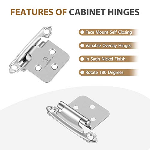 SORGMACH Satin Nickel Self Closing Kitchen Flush Cabinets Hinge 10 Pair 2-1/8" Brushed Nickel Cabinet Door Hinges Cupboard Variable Flush Cabinet Hinge Face Mount 20 Pack - Image 5