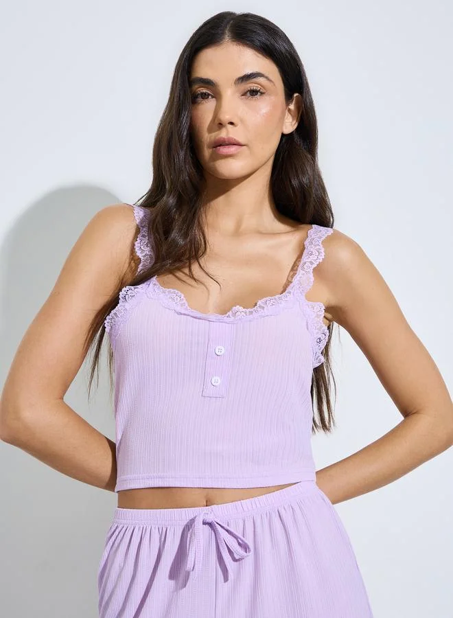 Styli Purple Lace Cami Top and Pyjama Set