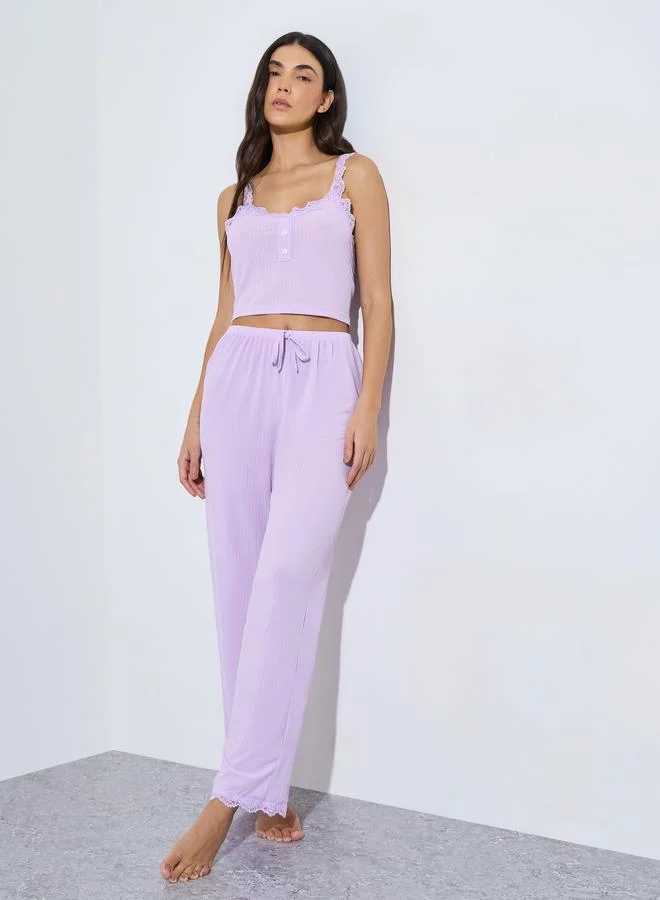 Styli Purple Lace Cami Top and Pyjama Set