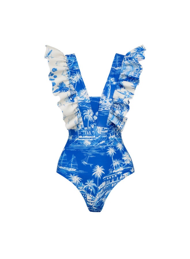 European And American Swimwear New Style Coconut Tree Island One-piece Swimsuit Women Beach Set Women