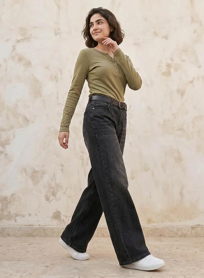 Lee Cooper GREEN Lee Cooper Ribbed Top with Half Placket for Women | Best Price UAE
