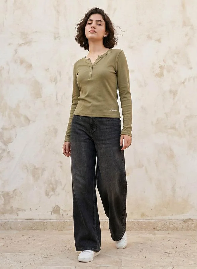 Lee Cooper GREEN Lee Cooper Ribbed Top with Half Placket for Women | Best Price UAE