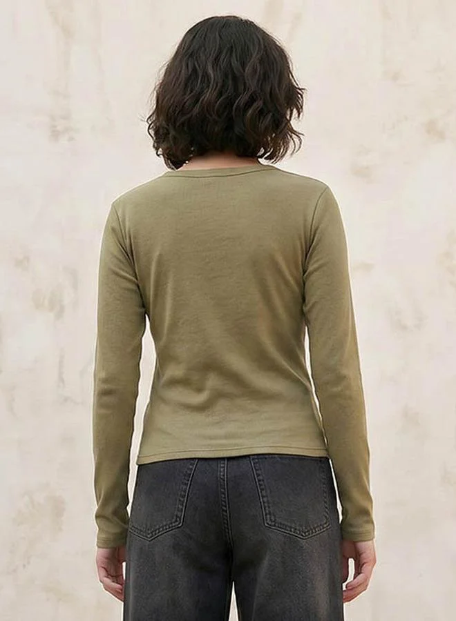 Lee Cooper GREEN Lee Cooper Ribbed Top with Half Placket for Women | Best Price UAE