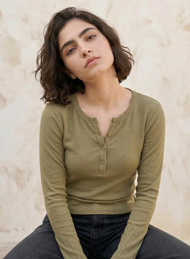 Lee Cooper GREEN Lee Cooper Ribbed Top with Half Placket for Women | Best Price UAE