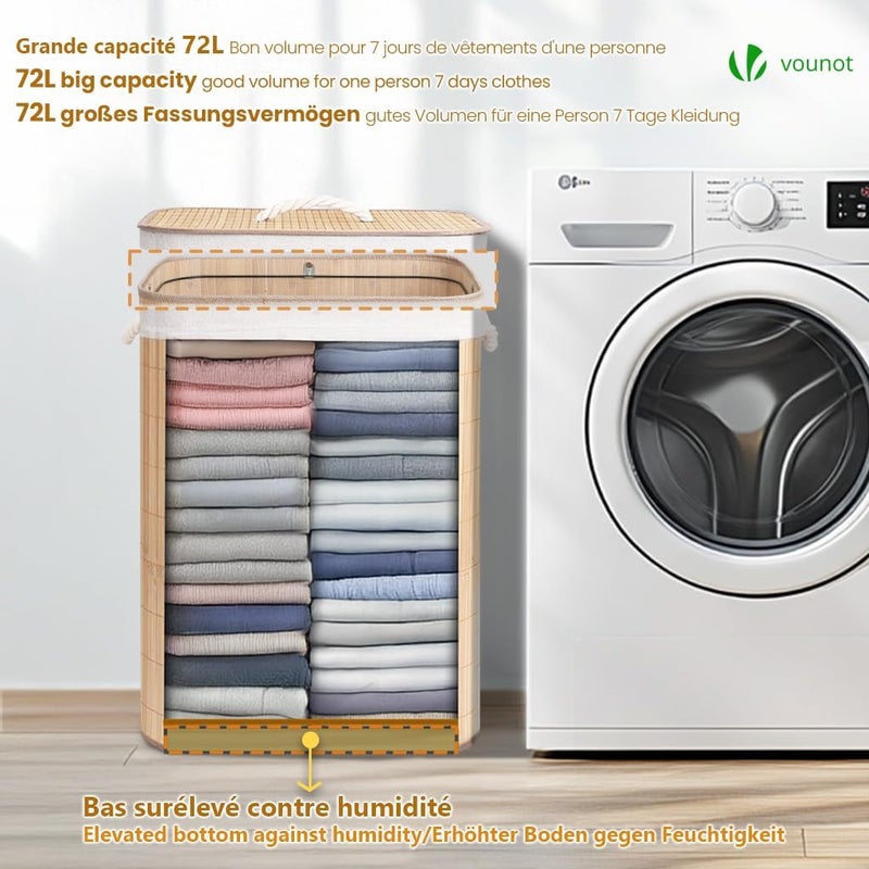 VOUNOT سلة غسيل مستطيلة من الخيزران VOUNOT® سعة 72 لتر، قابلة للطي مع غطاء و2 كيس قابل للإزالة، مناسبة لغرفة الحمام أو غرفة النوم أو غرفة الغسيل، بلون طبيعي - Image 4