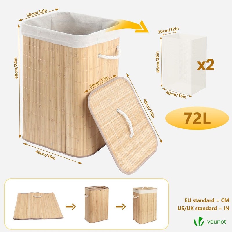 VOUNOT سلة غسيل مستطيلة من الخيزران VOUNOT® سعة 72 لتر، قابلة للطي مع غطاء و2 كيس قابل للإزالة، مناسبة لغرفة الحمام أو غرفة النوم أو غرفة الغسيل، بلون طبيعي - Image 3