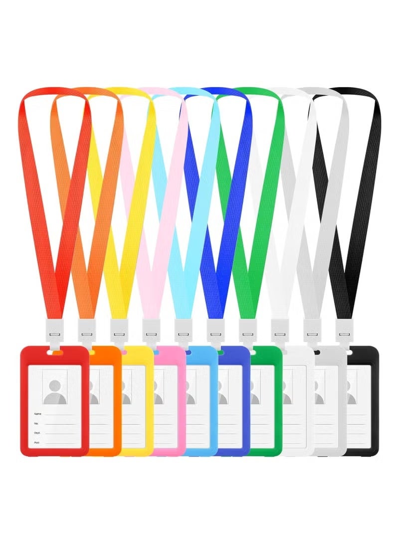 مجموعة من 10 حاملي شارات رأسية مع حبل تعليق، 10 حاملي شارات بألوان مختلفة، حامي بطاقة هوية مقاوم للماء بحبل مسطح، للمكتب أو المدرسة، حامي بطاقة العمل شفاف مزدوج الجوانب - Image 1